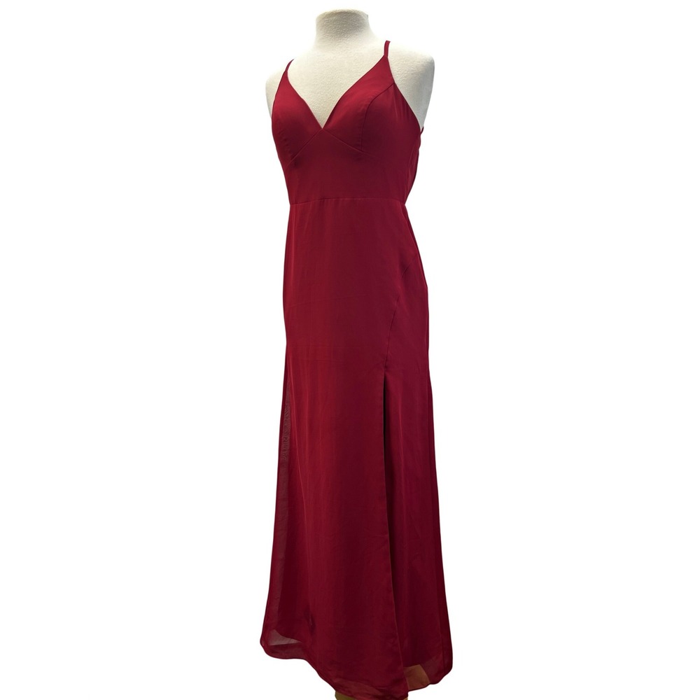Azazie Maxi Dress Womens A4 Red Excellent V-Neck Open Back Chiffon Formal Gown